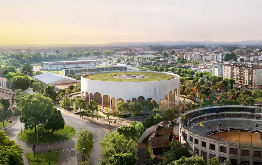 La future salle vue d'en haut, avec en premier plan les arènes et au fond le stade Maurice Boyau.